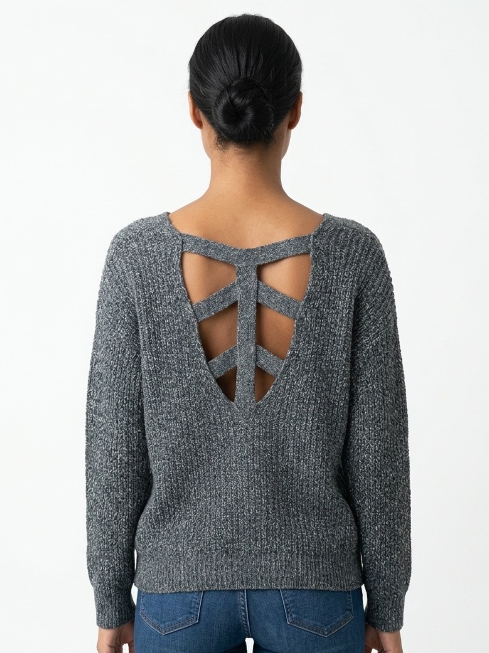 SPARKLE & FADE | Black & Grey Scoopneck Sweater Cut Out Back Women’s Size Large